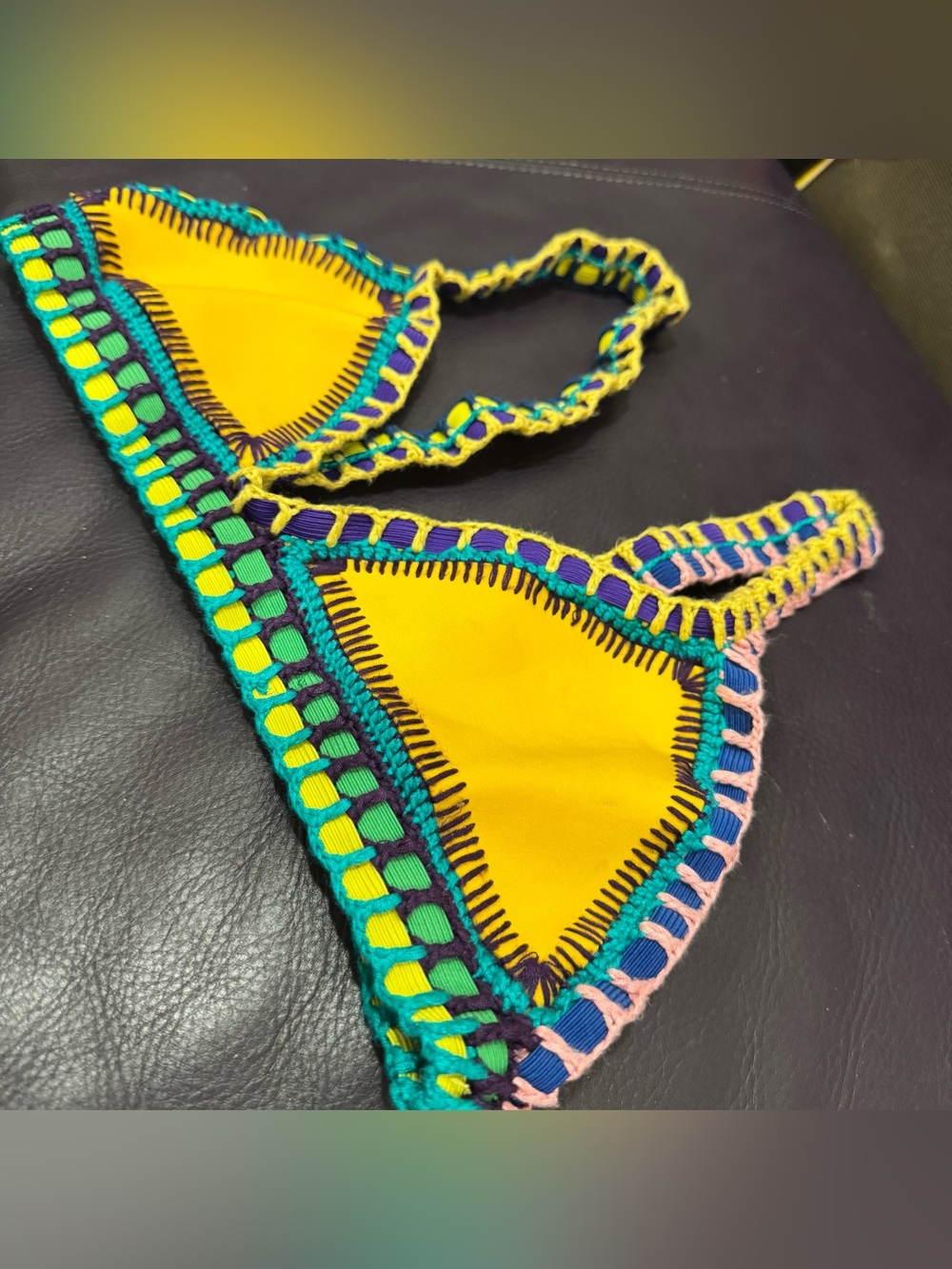 KIINI Yellow Triangle Bikini Top with Blue & Teal Crochet